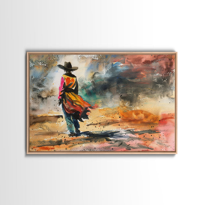 The Cowgirl, Framed Canvas Print, Metal Wall Art, Kitsch Decor, Wild West for Girls, Western Decor Watercolor Painting, Wall Art Prints