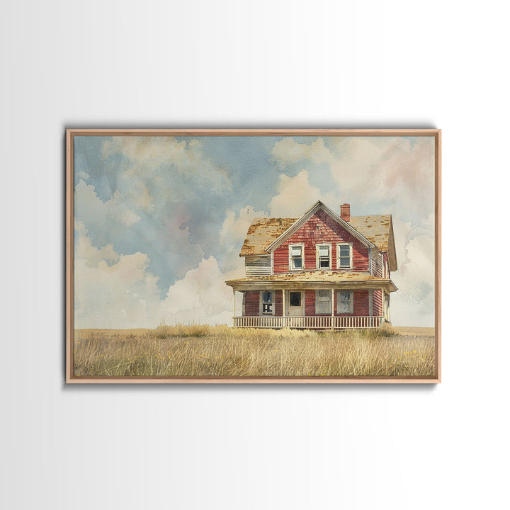 Watercolor Painting Of An Old Red Farmhouse, Framed Canvas Print, Wall Art Prints, Rustic Farmhouse Decor, Minimalist Art, Kitsch Decor