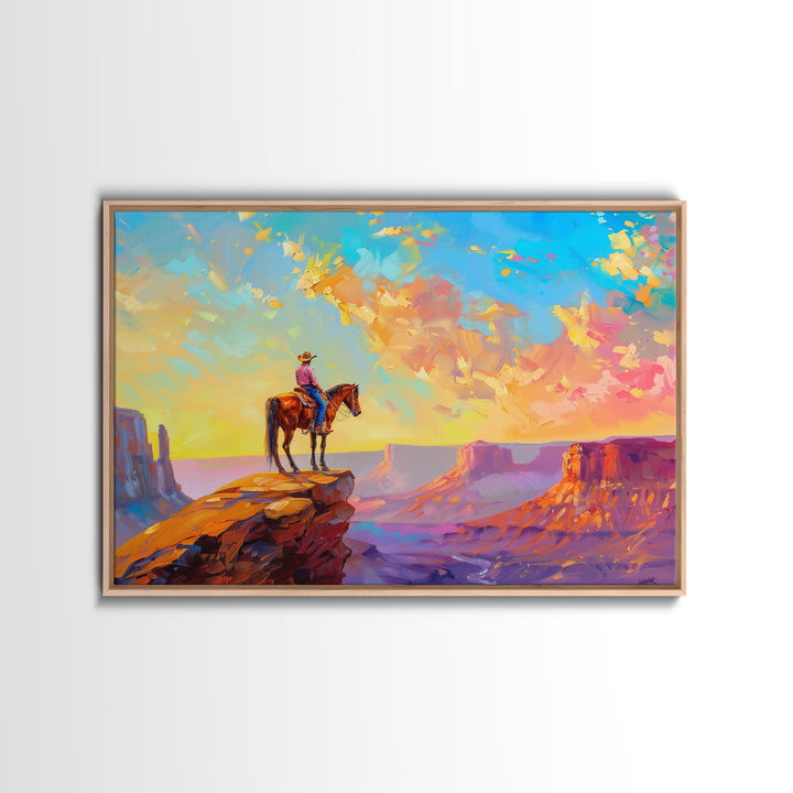 Western Art Print, Vintage / Retro Cowboy Wall Art, Framed Canvas or Metal Art, Midcentury Modern Watercolor Painting, Cowboy at Sunset