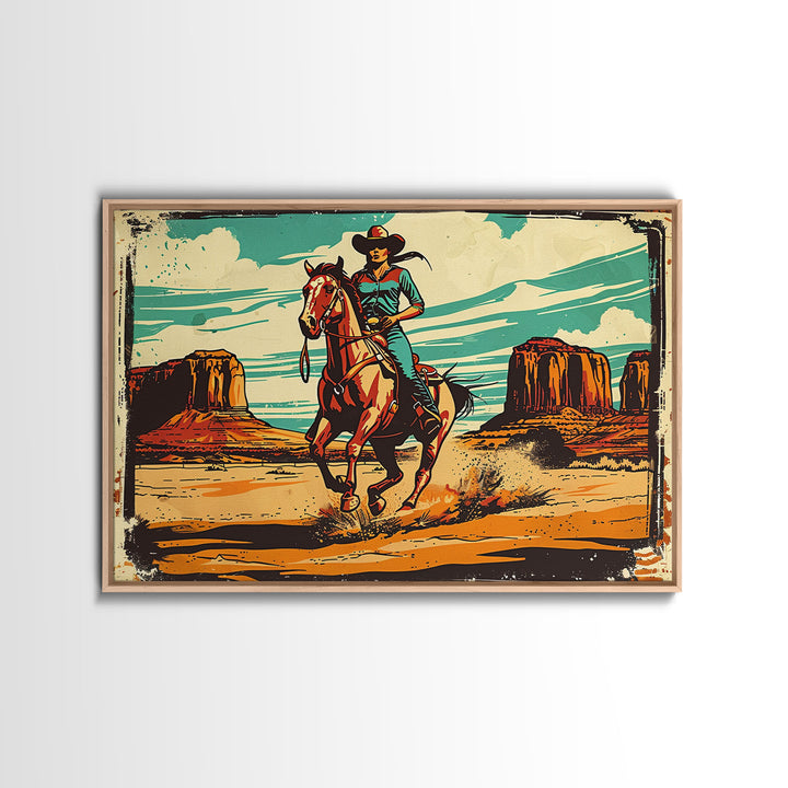 Western Decor Cowgirl Print, Wood Framed Canvas Print, Western Pop Art, Colorful Wall Decor, Gift For Her, Home Decor, Southwest Decor