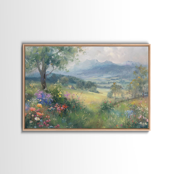 Spring Wildflower Field Landscape Painting Large Wall Art Print, Framed Canvas Nature Wall Decor, Rustic Country Landscape Living Room Art