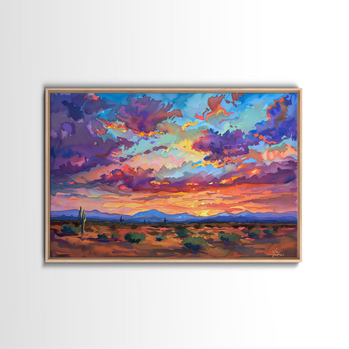 Western Desert Watercolor Framed Canvas Print, Arizona Decor, Pop Art Mid Century Modern Wall Art, Arizona Painting, Southwest Decor