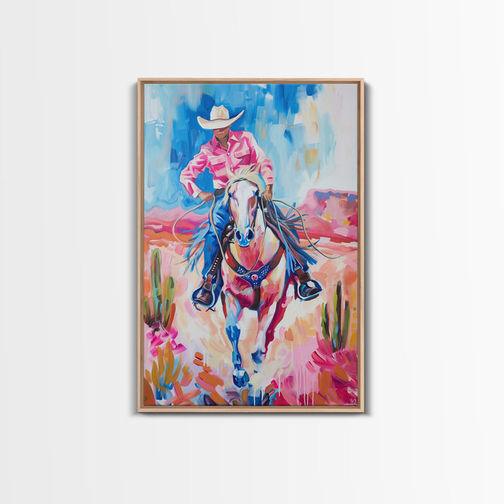 Vibrant Cowboy Riding Horse - Colorful Western Art, Framed Canvas Print, Living Room Decor, Cowboy Painting, Desert Wall Art