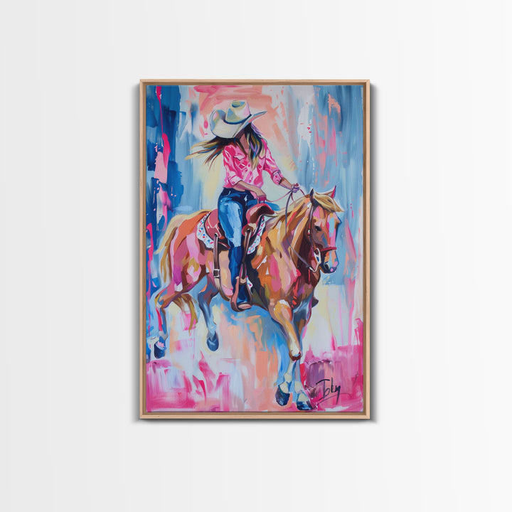 Stylish Cowgirl Riding Horse - Colorful Western Art, Framed Canvas Print, Living Room Decor, Cowgirl Painting, Vibrant Wall Art