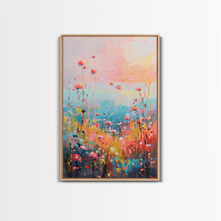 Abstract Floral Field at Sunset - Framed Canvas Print, Modern Living Room Art, Vibrant Bedroom Decor, Colorful Flower Art, Wall Art