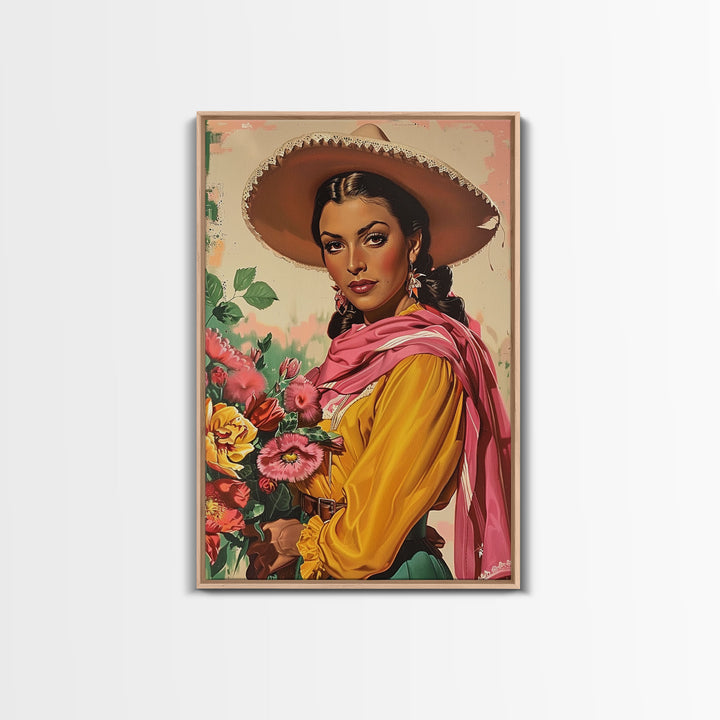 Western Woman Holding Flowers - Framed Canvas Print, Traditional Living Room Art, Colorful Bedroom Decor, Folk Art, Wall Art