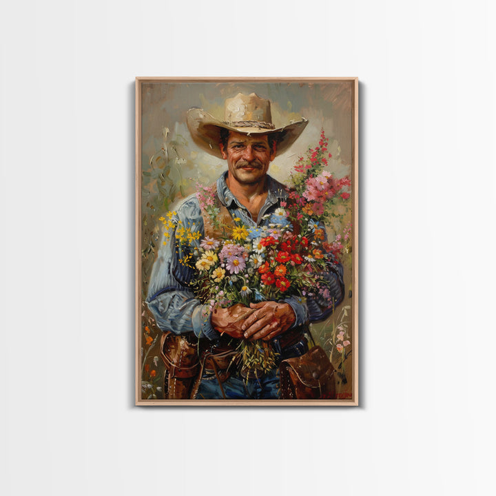 Smiling Cowboy with Flowers - Framed Canvas Print, Country Living Room Art, Rustic Bedroom Decor, Cowboy Art, Wall Art