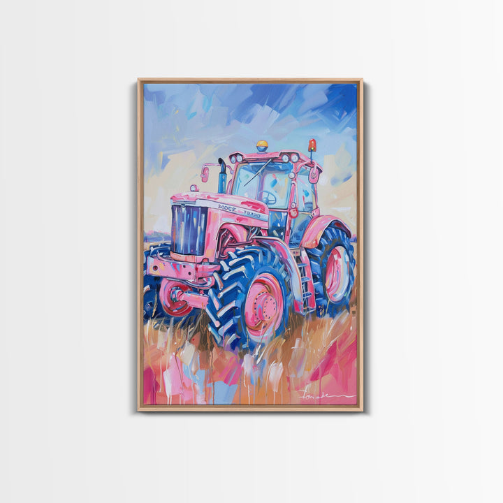 Vibrant Pink Tractor in Field with Blue Sky - Framed Canvas Print, Farmhouse Wall Art, Rustic Tractor Art for Living Room Decor