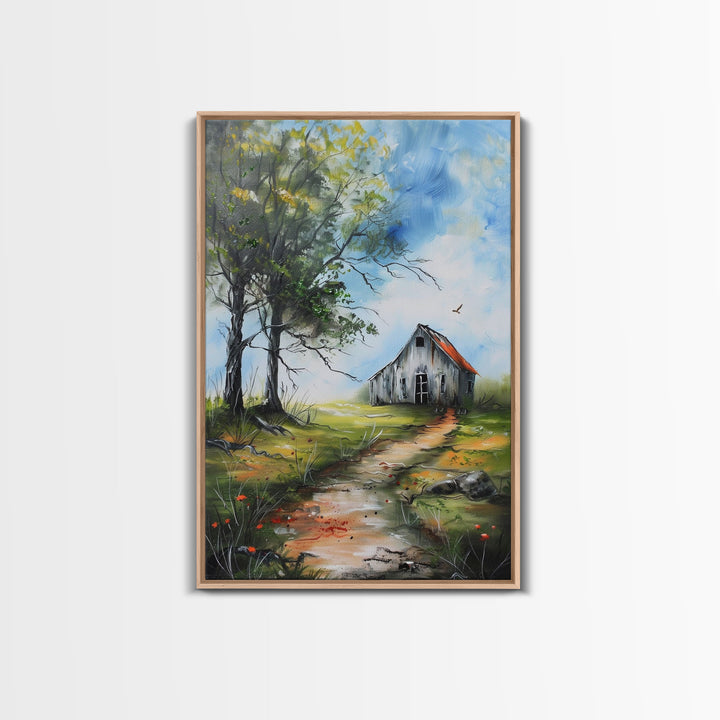 Tranquil Farmhouse with Colorful Flowers - Framed Canvas Print, Country Living Room Decor, Farmhouse Wall Art, Rustic Art Print for Bedroom