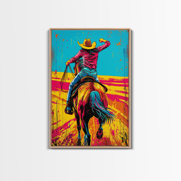 Vibrant Pop Art Cowboy on Horseback in Dynamic Colors - Framed Canvas Print, Western Decor, Cowboy Art for Living Room, Home Wall Art