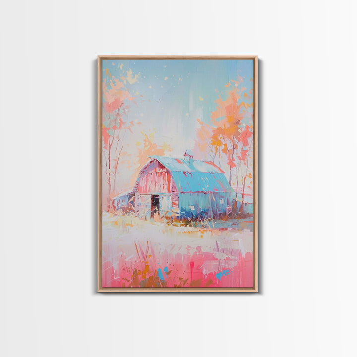 Vintage Pastel Barn with Blue Roof and Trees - Framed Canvas Print, Rustic Farmhouse Decor, Country Art for Home, Bedroom Wall Art