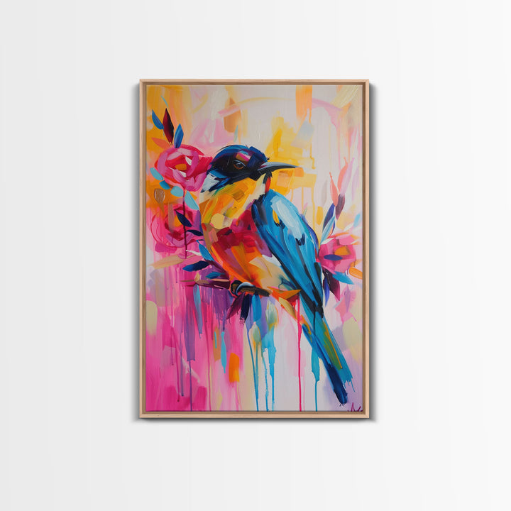 Vibrant Bird and Flowers in Colorful Pop Art Style - Framed Canvas Print Bird Decor, Floral Art for Living Room, Bright Wall Art for Bedroom