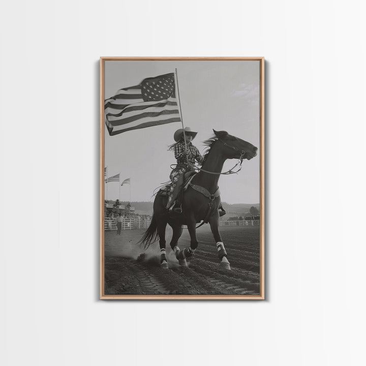 Patriotic Cowgirl with Flag Art Print, Western Rodeo Framed Canvas, Vintage Black and White Photography, Unique Wall Art