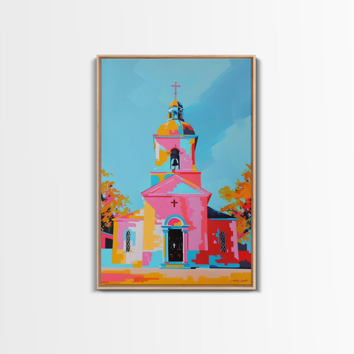 Abstract Church Painting with Bold Colors - Framed Canvas Print, Modern Religious Wall Art, Vibrant Church Decor for Home and Living Room