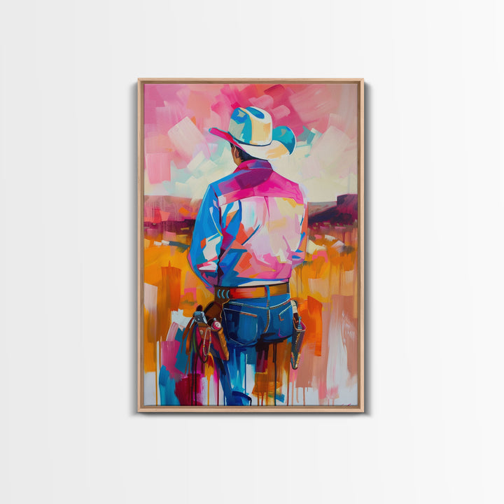 Abstract Cowboy Art in Pastel Hues - Framed Canvas Print, Contemporary Western Decor, Colorful Cowboy Wall Art for Living Room or Bedroom