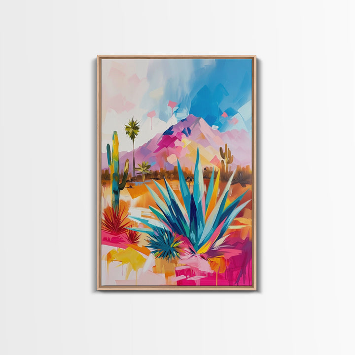 Vibrant Desert Landscape Art - Framed Canvas Print, Southwestern Decor, Modern Living Room Wall Art, Colorful Cactus and Mountains