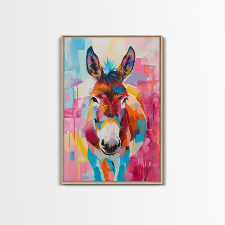 Vibrant Donkey Close-up Art - Framed Canvas Print, Southwestern Decor, Colorful Living Room Wall Art, Modern Animal Portrait