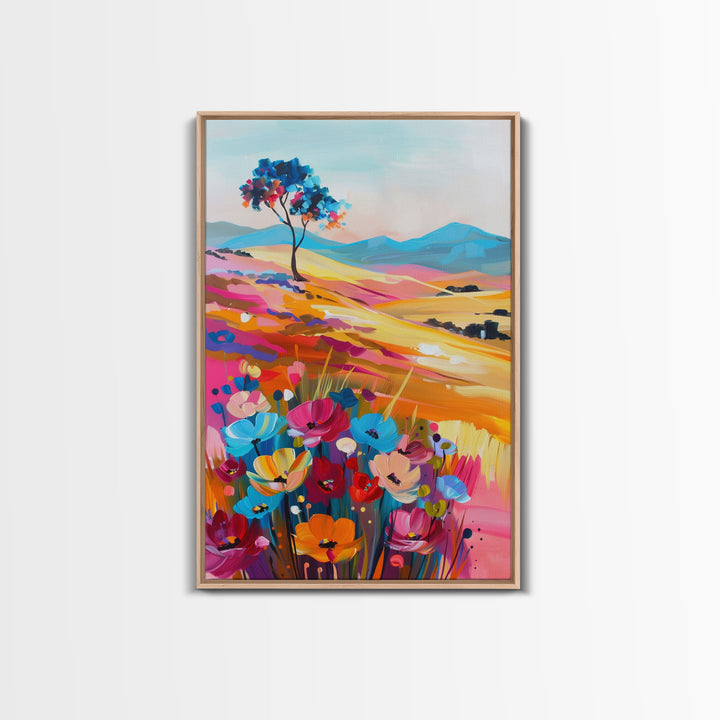 Vibrant Hills and Flowers Framed Canvas Print - Colorful Landscape Wall Art, Bright Living Room Decor, Whimsical Bedroom Art