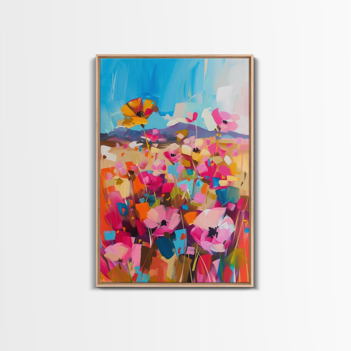 Wildflower Meadow in Bloom Framed Canvas Print - Bright Floral Wall Art, Cheerful Living Room Decor, Colorful Bedroom Art, Nature Art