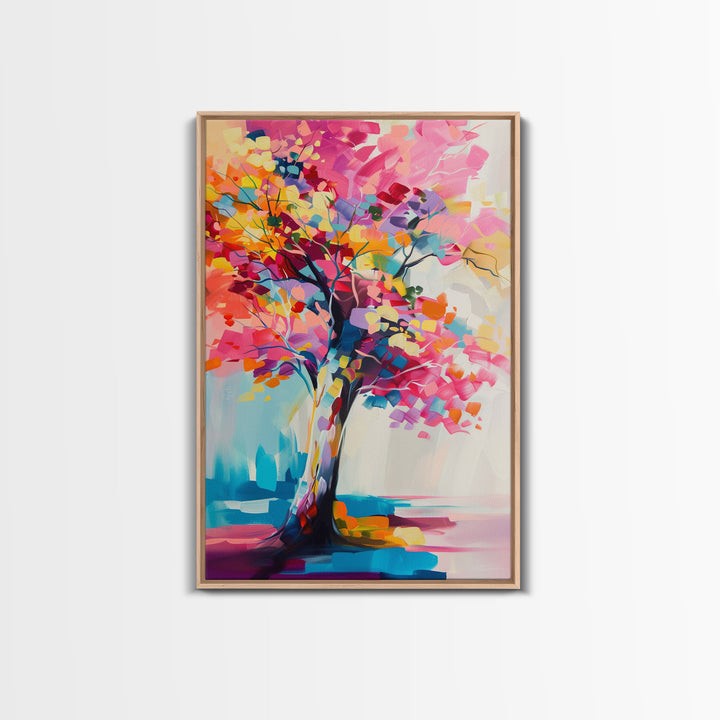 Vibrant Tree Art in Bold Colors - Framed Canvas Print, Modern Wall Art, Living Room Decor, Colorful Nature Artwork, Abstract Tree Art Print