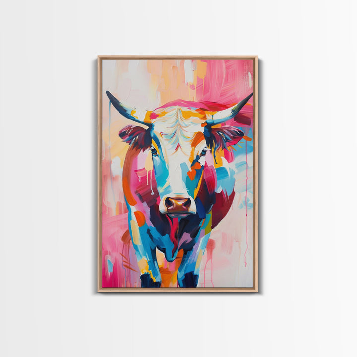 Vibrant Cow Head in Bold Colors - Framed Canvas Print, Modern Wall Art, Living Room Decor Colorful Animal Artwork, Cow Portrait, Bedroom Art