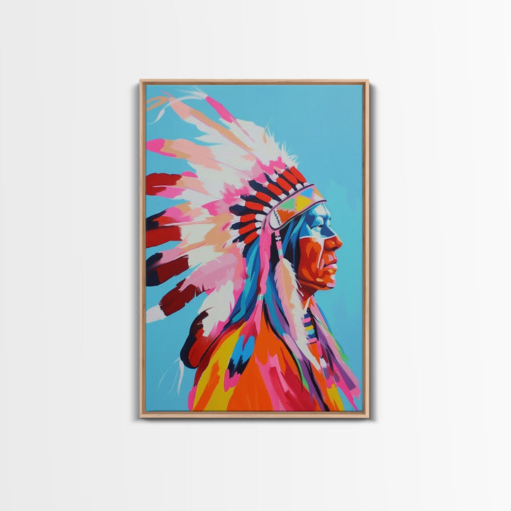 Vibrant Native American Chief Framed Canvas Print - Bold Wall Art, Living Room Decor, Colorful Tribal Art for Bedroom, Home Decor