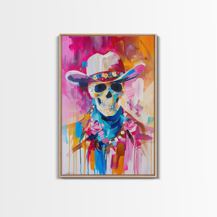 Vibrant Skeleton Cowboy Art - Framed Canvas Print, Colorful Western Decor, Skull Art, Living Room Wall Art, Unique Home Decor