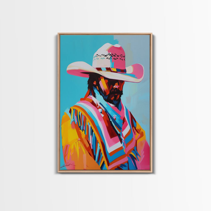 Vibrant Cowboy Portrait - Framed Canvas Print, Colorful Living Room Decor, Bold Wall Art, Unique Home Decor