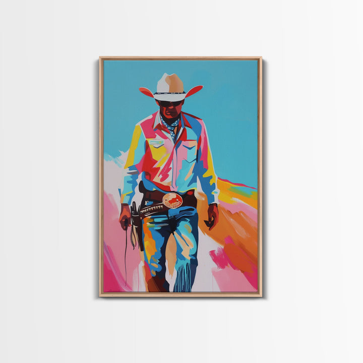 Vibrant Cowboy in Desert Silhouette - Framed Canvas Print, Colorful Western Art, Modern Cowboy Wall Art for Living Room Decor