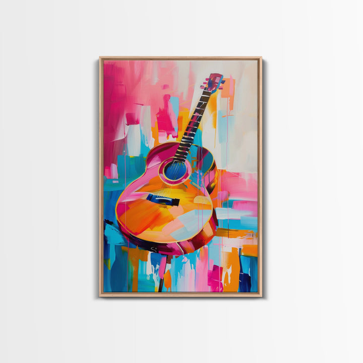 Vibrant Acoustic Guitar Painting - Framed Canvas Print, Colorful Western Art, Musical Wall Art for Living Room Decor