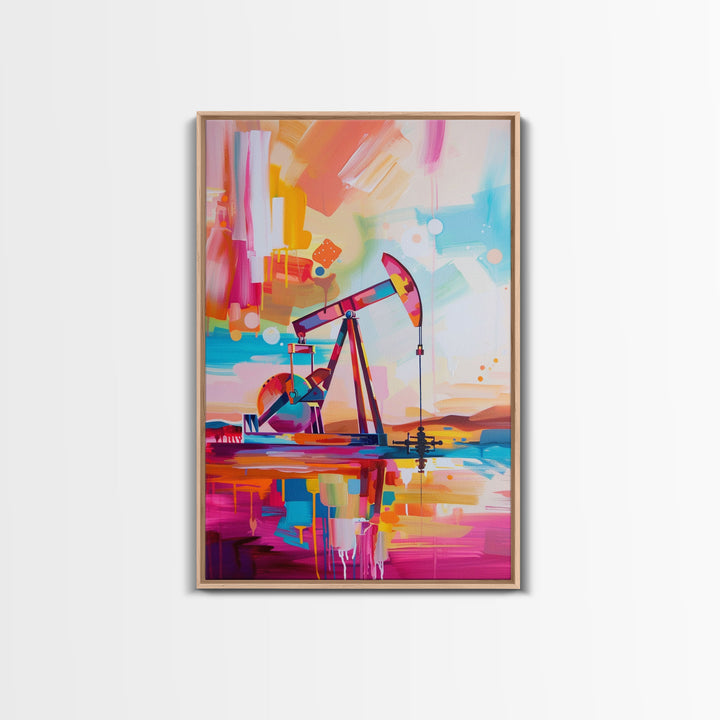 Vibrant Abstract Oil Rig Art - Framed Canvas Print, Modern Industrial Decor, Colorful Oil Pump Wall Art, Unique Living Room Artwork