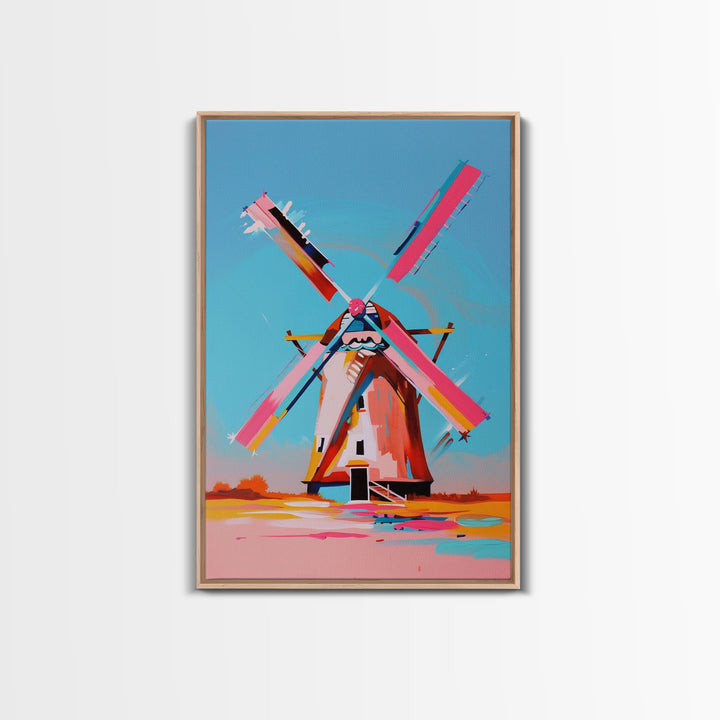 Playful Windmill Canvas Art - Framed Canvas Print, Modern Farmhouse Decor, Bright Windmill Wall Art, Vibrant Bedroom Artwork