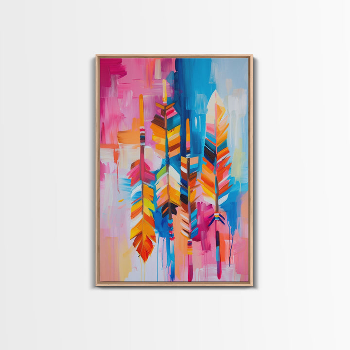 Colorful Feather Abstract Art - Framed Canvas Print, Bohemian Feather Decor, Bright Boho Wall Art, Unique Living Room Decoration