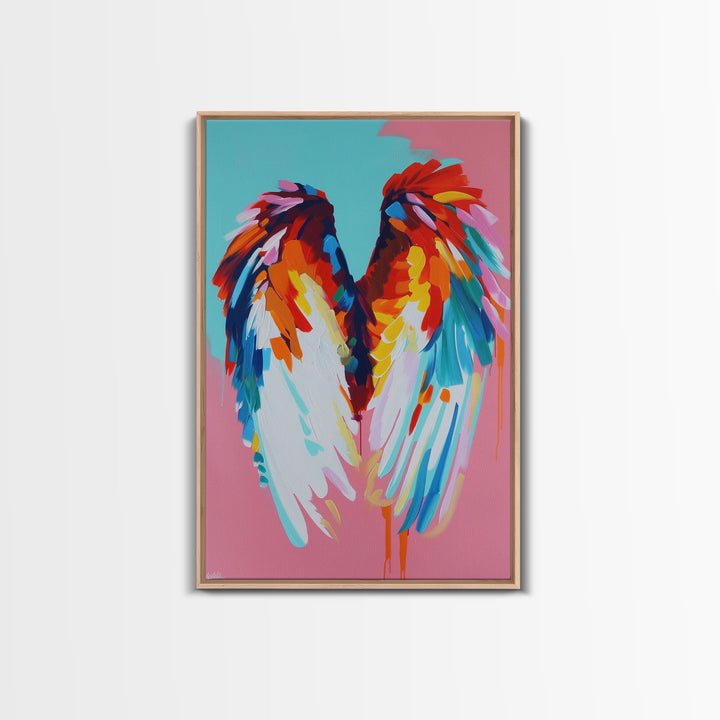 Angel Wings Abstract Art - Framed Canvas Print, Colorful Wing Decor, Modern Angel Wall Art, Whimsical Bedroom Decoration