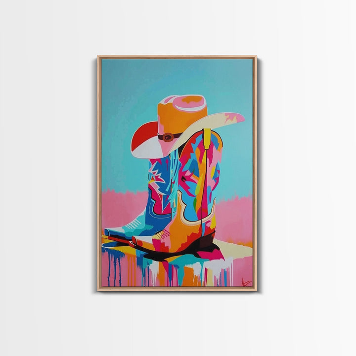 Colorful Cowboy Boots and Hat Illustration - Framed Canvas Print, Vibrant Western Decor, Cowboy Art for Living Room, Western Wall Art