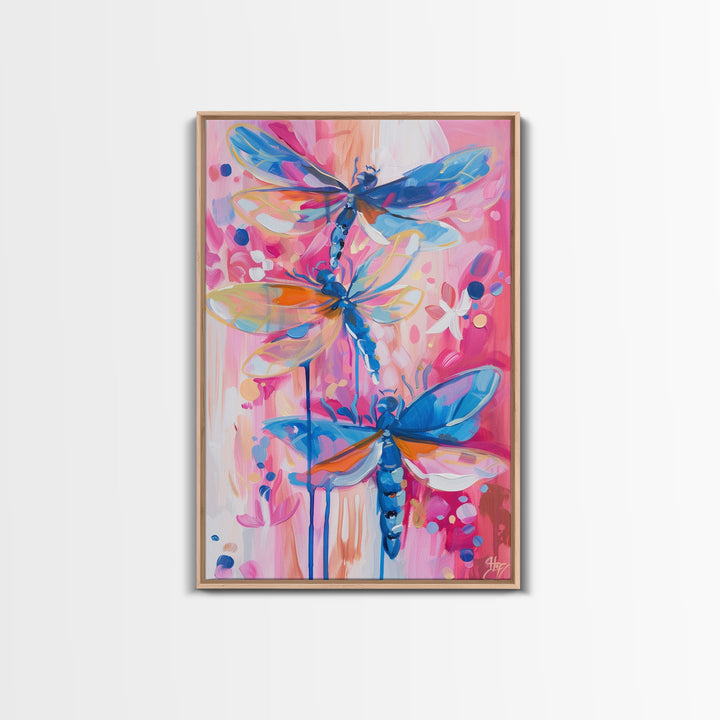 Abstract Dragonfly Trio in Vibrant Colors - Framed Canvas Print, Colorful Nature Art, Living Room Decor, Bedroom Wall Art