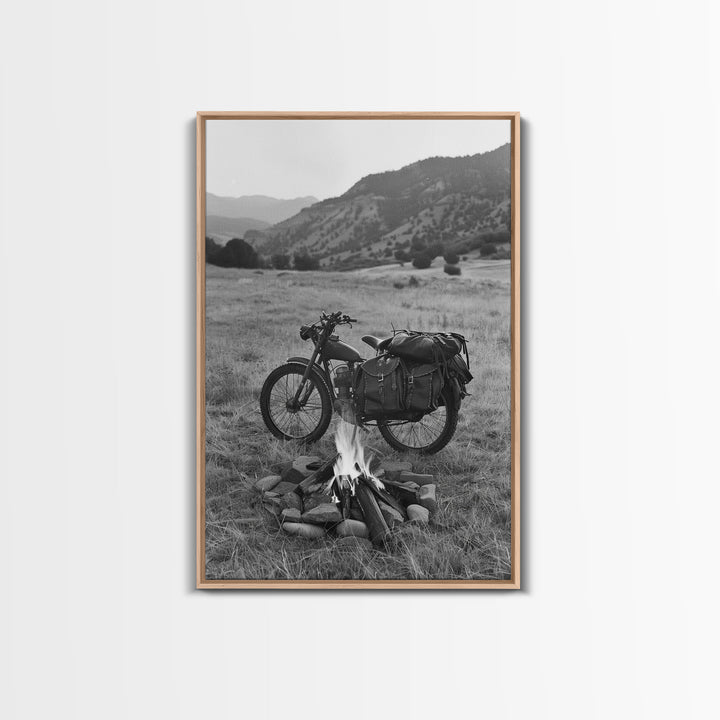 Vintage Motorcycle with Campfire in Black and White for Western Wall Art, Canvas Prints, Rustic Home Decor, Living Room Art, Bedroom Art