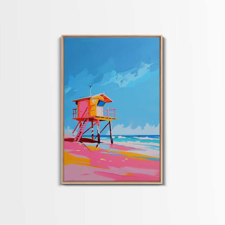 Colorful Lifeguard Tower on Sunny Beach - Framed Canvas Print, Beach House Decor, Coastal Art for Living Room or Office