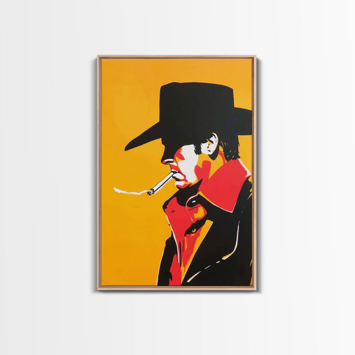 Mysterious Cowboy Smoking Cigarette - Framed Canvas Print, Western Pop Art, Bold Wall Art for Living Room or Bar