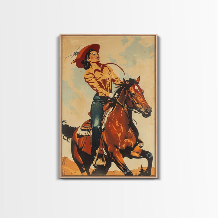 Dynamic Cowgirl on Horseback in Action | Framed Canvas Print | Western Wall Art | Living Room Decor | Rustic Home Decor