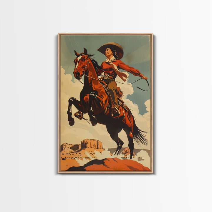 Elegant Cowgirl Commanding Horse | Framed Canvas Print | Western Wall Art | Living Room Decor | Rustic Home Decor