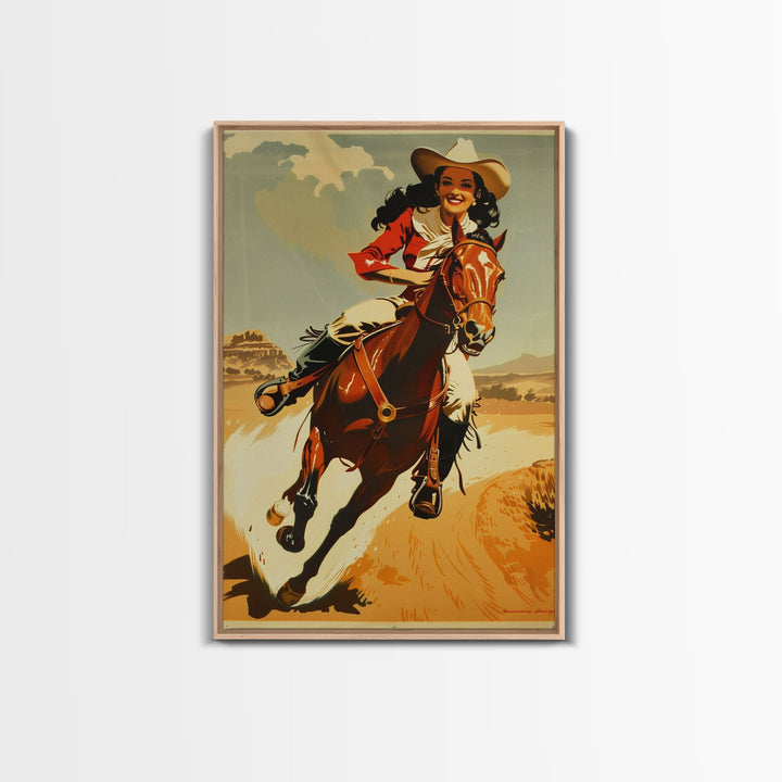 Graceful Cowgirl Jumping with Horse | Framed Canvas Print | Western Wall Art | Living Room Decor | Rustic Home Decor