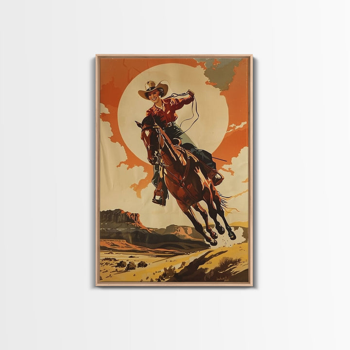 Spirited Cowgirl Racing Horse in Desert | Framed Canvas Print | Western Wall Art | Living Room Decor | Rustic Home Decor