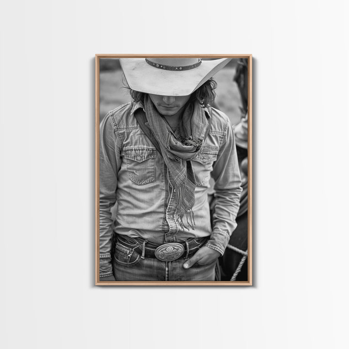 Cowboy with Hat and Scarf Looking Down in Black and White for Western Wall Art, Canvas Prints, Home Decor, Living Room Art, Bedroom Art