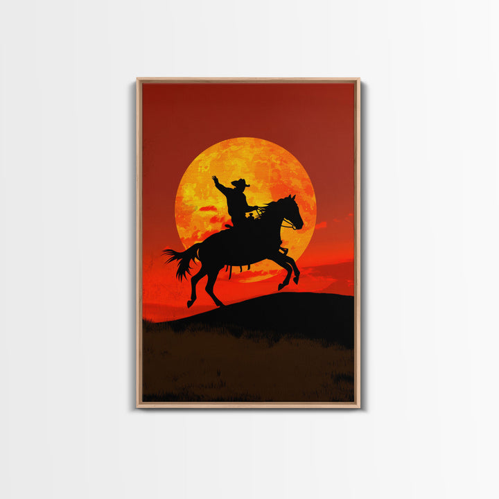 Cowboy Silhouette on Horseback at Sunset | Framed Canvas Print | Western Landscape Art | Rustic Cowboy Wall Art for Living Room