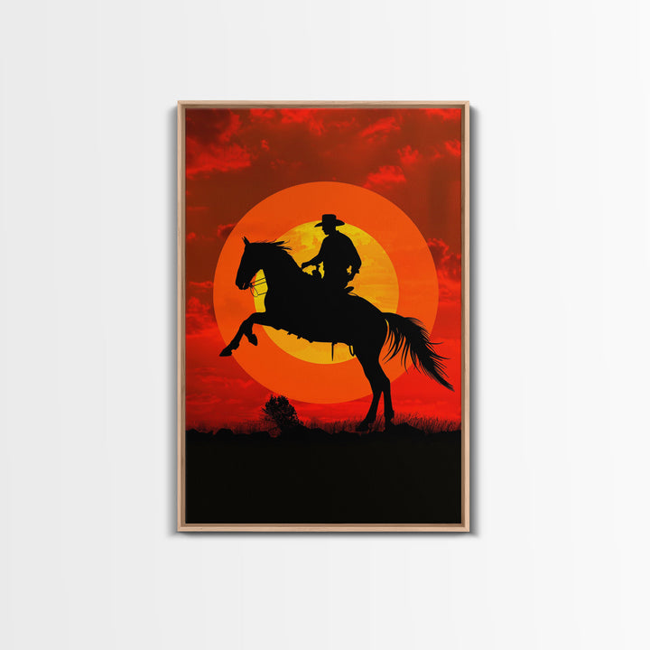 Cowboy on Horse with Dramatic Sunset Background | Framed Canvas Print | Western Silhouette Art | Sunset Cowboy Wall Art for Bedroom