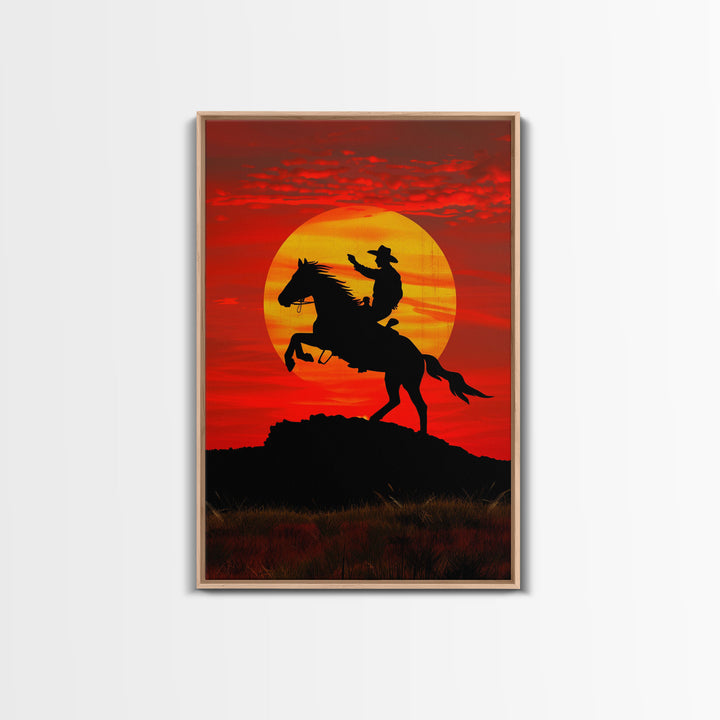 Dynamic Cowboy Horse Ride Silhouette at Sunset | Framed Canvas Print | Western Wall Art | Sunset Horseback Wall Art for Home Decor