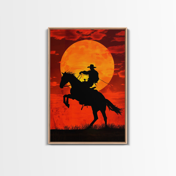 Cowboy Riding Horse into the Sunset | Framed Canvas Print | Western Silhouette Art | Rustic Cowboy Wall Art for Living Room