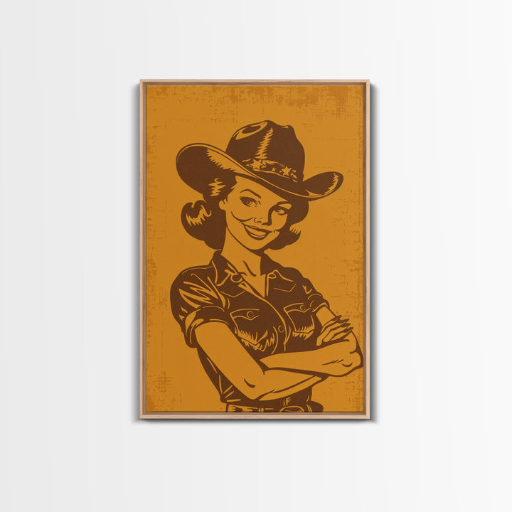 Retro Cowgirl Illustration in Yellow | Framed Canvas Print | Vintage Western Decor | Classic Cowgirl Wall Art for Living Room