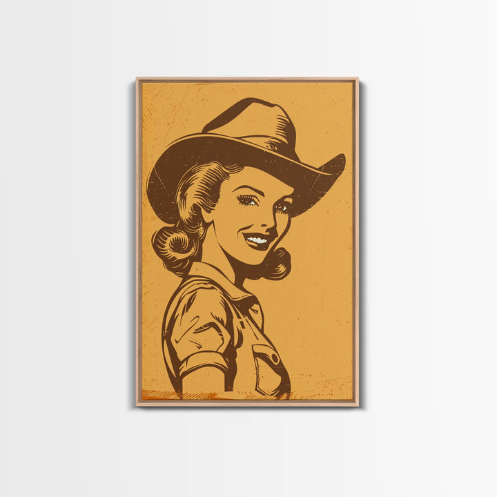 Smiling Retro Cowgirl in Hat Illustration | Framed Canvas Print | Vintage Western Art | Retro Cowgirl Wall Art for Bedroom Decor